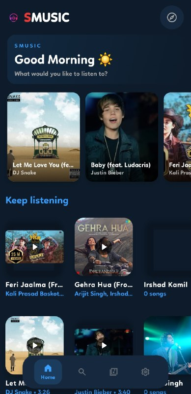 Home screen with quick picks and Keep Listening