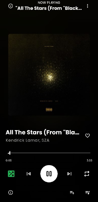 SMusic now-playing screen showing All The Stars by Kendrick Lamar and SZA
